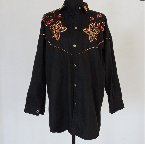 We Say So Tops - Western jeweled black denim button down